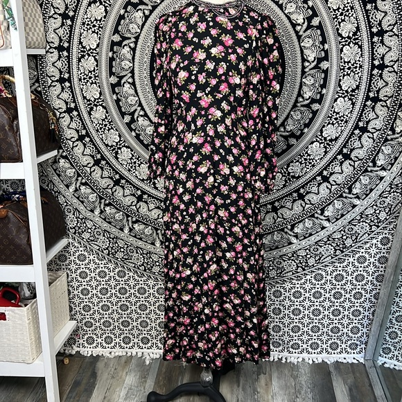 Zara Black Floral Midi Maci Long sleeve Cottagecore Rose Dress sz. S boho light - Picture 5 of 17